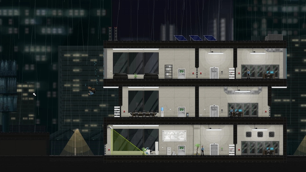 A 2D building at night.