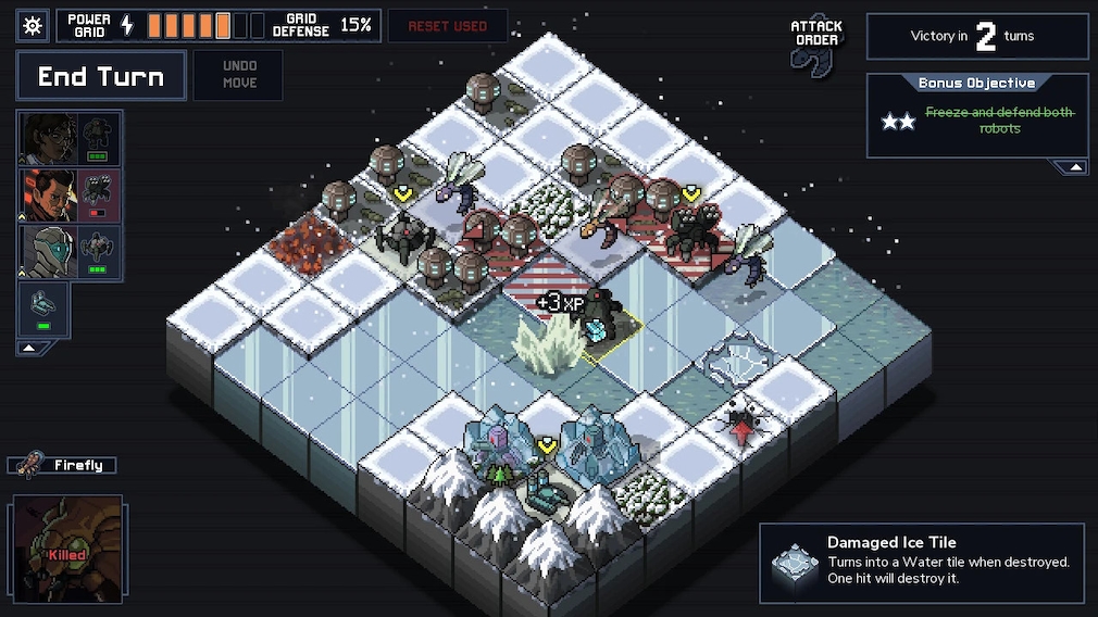 A grid with mechs and monsters in battle.