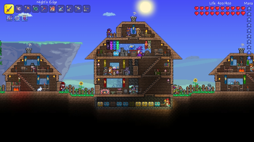 A small 2D settlement in Terraria.