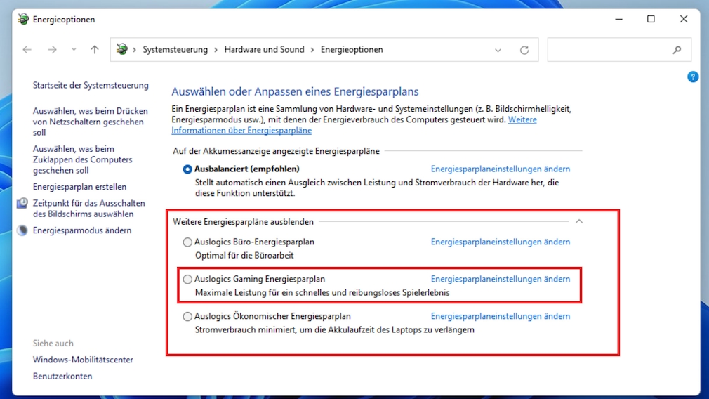 Windows 10/11: Spielmodus erklärt – so schalten Sie ihn ein Die System-Suite "Auslogics BoostSpeed Free" richtet drei Energiesparpläne in Windows ein. 