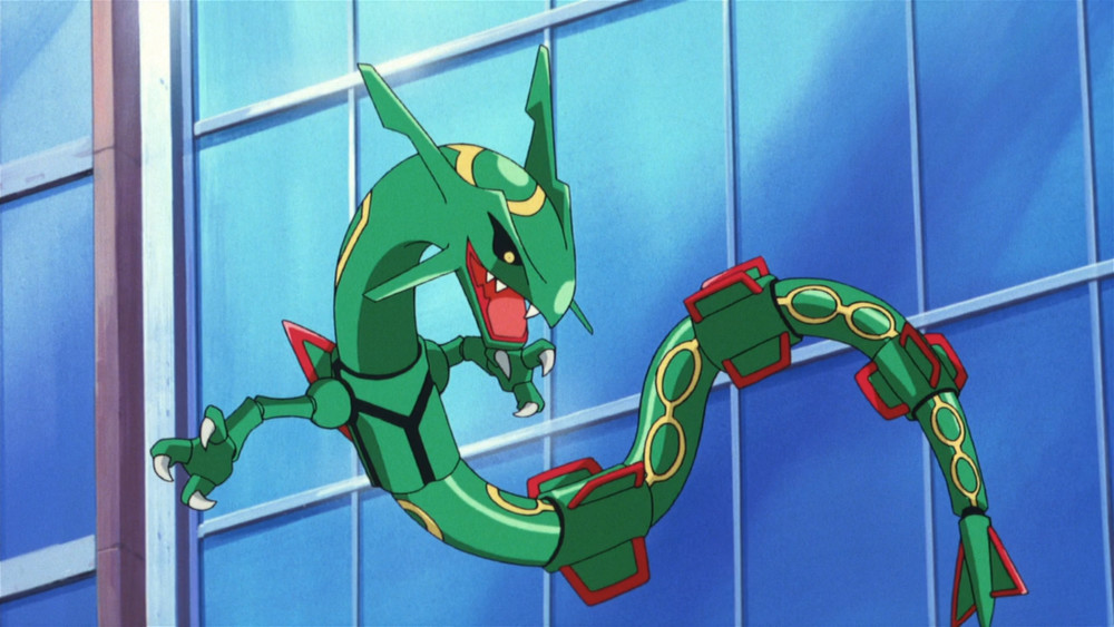 Rayquaza in front of a skyscraper.