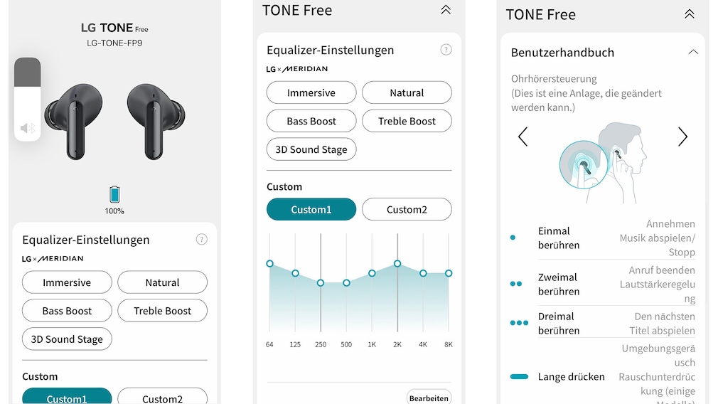 The LG ToneFree app shows the battery status, allows sensitive sound settings and contains the user manual.
