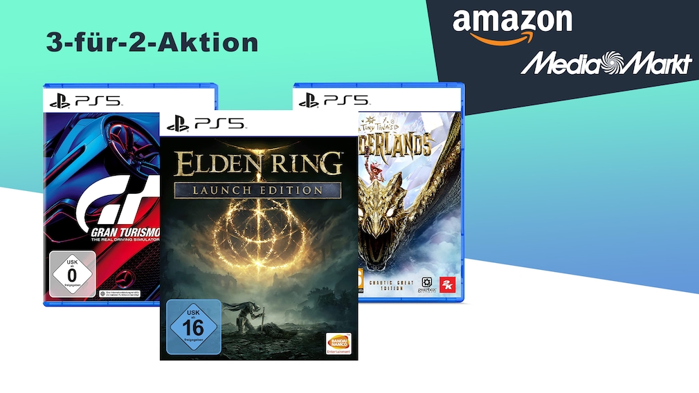 Amazon & Co.: Elden Ring durch 3-für-2-Aktion geschenkt! Angebot bei Amazon und Media Markt: Gegenwärtig finden Sie im Rahmen einer 3-für-2-Aktion bei beiden Anbietern diverse Spiele im Bundle günstiger.