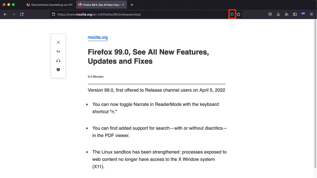 Screenshot: Firefox reading view