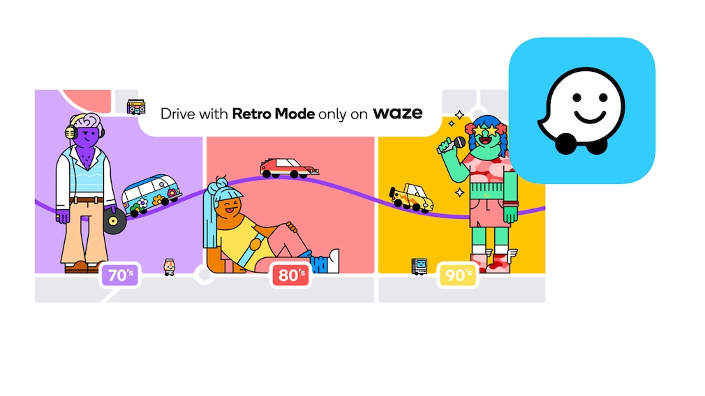 Waze-App mit drei bunten Retro-Looks der 70er, 80er und 90er