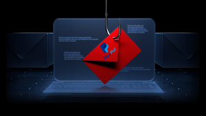 Haken angelt einen roten Umschlag mit PayPal-Aufdruck, im Hintergrund ein Laptop © PayPal, iStock.com/Just_Super