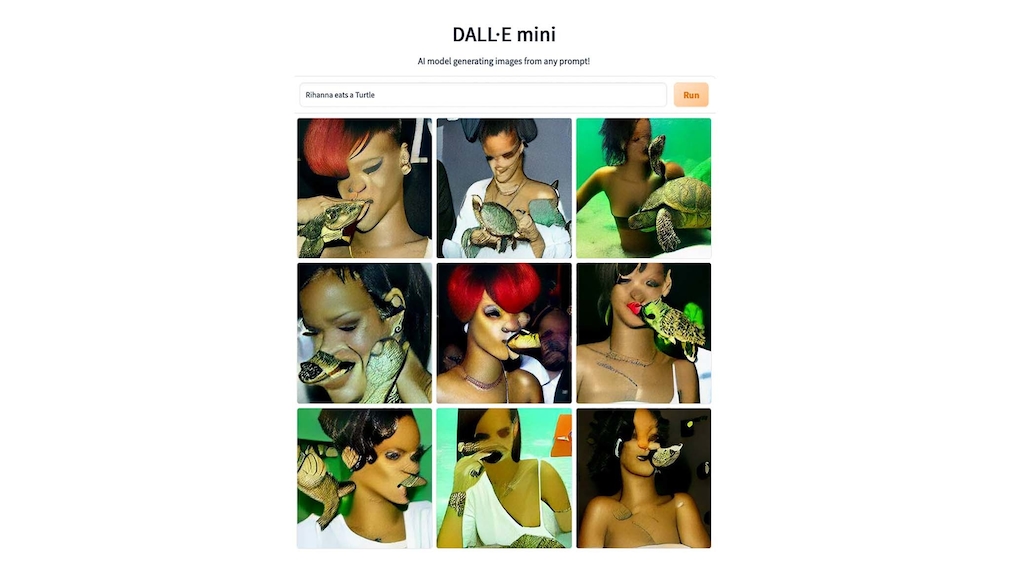 DALL-E Mini: KI-Generator erstellt Ihre einzigartigen Quatsch-Bilder Wenn es um Gesichter geht, hat DALL-E Mini allerdings noch Schwierigkeiten, wie das Beispiel von Rihanna zeigt, die eine Schildkröte isst. 