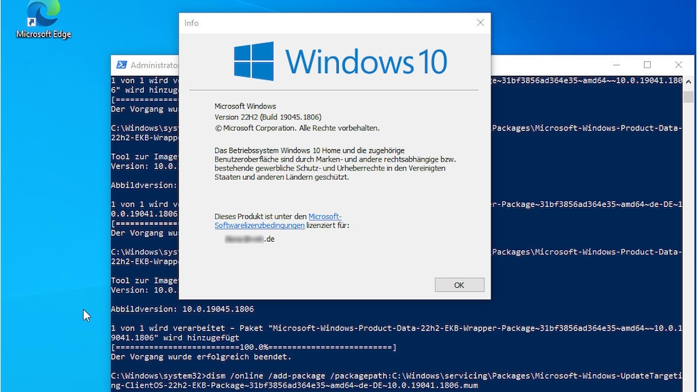 Fenster mit Versionsinfo: Windows 10 22H2