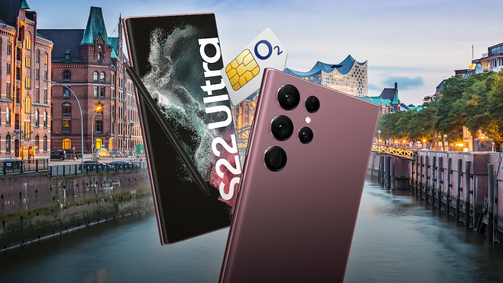 Das Samsung Galaxy S22 Ultra und eine O2-SIM-Karte vor der Kulisse der Hamburger Hafen City