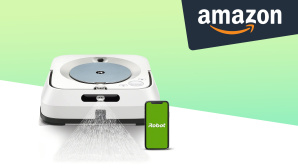 Wischroboter Braava jet M6 mit Handy und App hinter Amazon-Logo © Amazon, iRobot