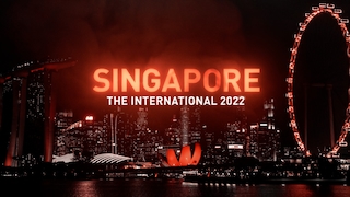 TI11 Poster mit Skyline von Singapur bei Nacht.