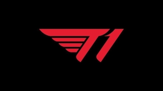 Rotes Logo von T1 auf schwarzem Hintergrund.