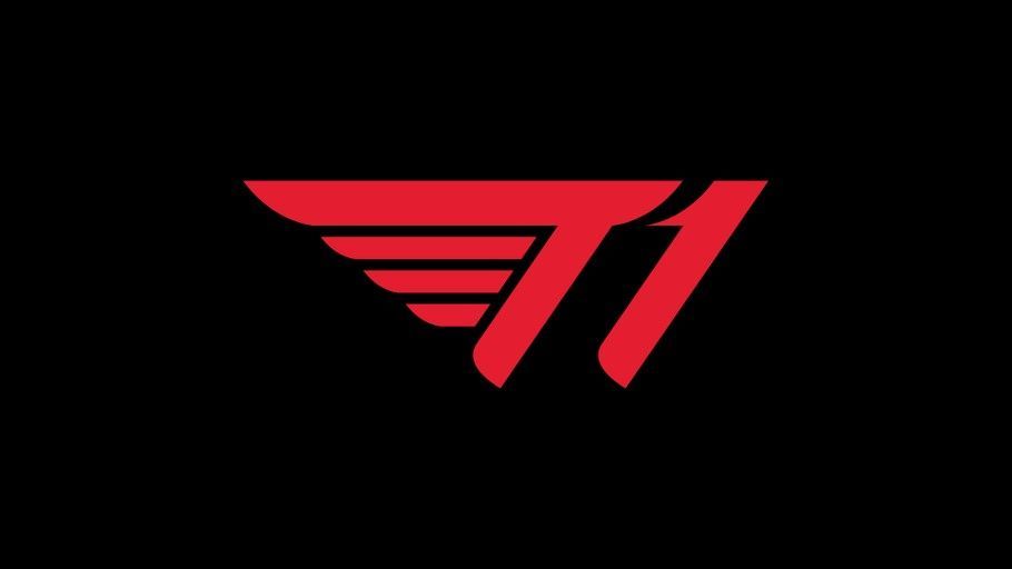 Rotes Logo von T1 auf schwarzem Hintergrund.