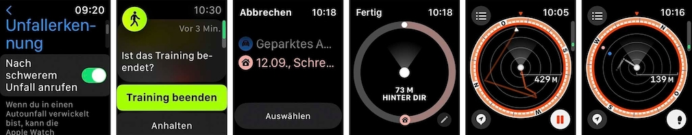 Apple Watch SE (2022) Die Apple Watch erkennt Unfälle und Trainings, setzt in der Kompass-App Wegpunkte und bietet eine Rückwegfunktion. 