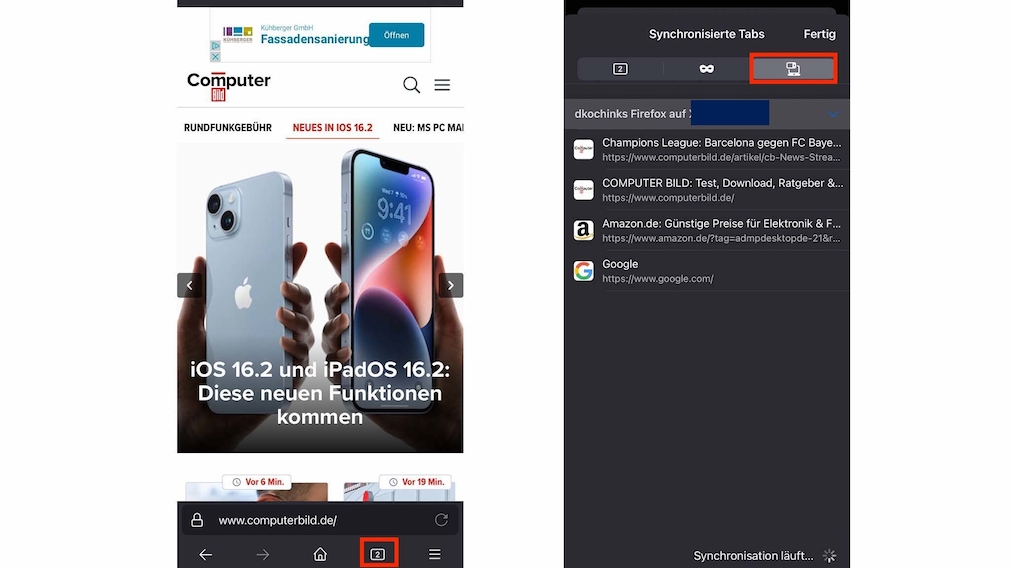 Capture d'écran : onglets de synchronisation dans Firefox iPhone Capture d'écran : onglets de synchronisation dans Firefox iPhone
