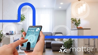 Wohnzimmer, Handy mit Smart-Home-App, Matter-Logo