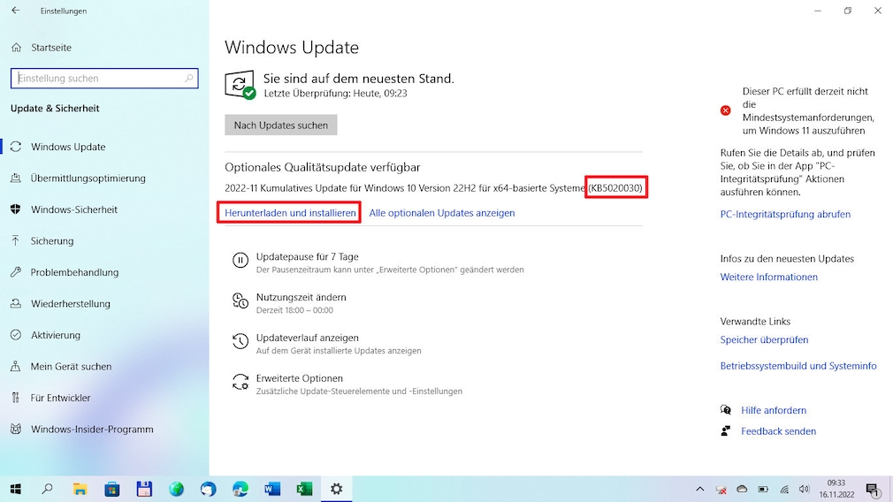 Windows 10 optionales Update