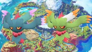 Flatterhaar und Shiny-Flatterhaar in Pokémon Karmesin und Purpur.