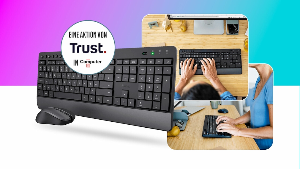 Gewinnspiel: Ultraleises Tastatur-Maus-Set Trust Trezo abstauben Ruhiges Arbeiten: Tastatur und Maus von Trust sind beim Tippen und Klicken kaum zu hören.