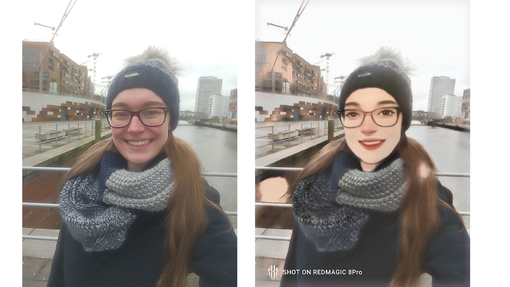 Zwei Fotos einer Frau. Links zeigt das Originalbild, rechts ist ein CGI Filter angewendet