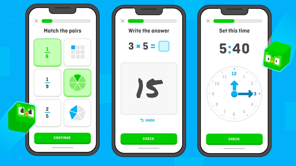 Screenshots aus der Duolingo-Mathe-App.