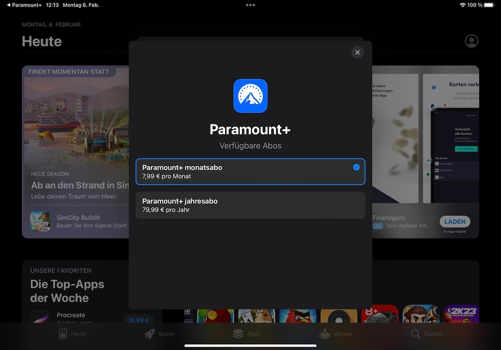 Capture d'écran : Options d'abonnement Paramount+ sur iOS
