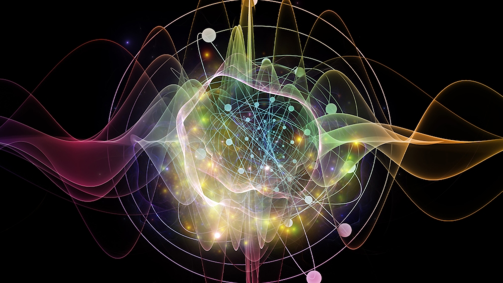 Abstraktes Konzept von Atom- und Quantenwellen mit fraktalen Elementen