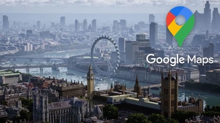 London mit Themse und London Eye, daneben das Google-Maps-Logo