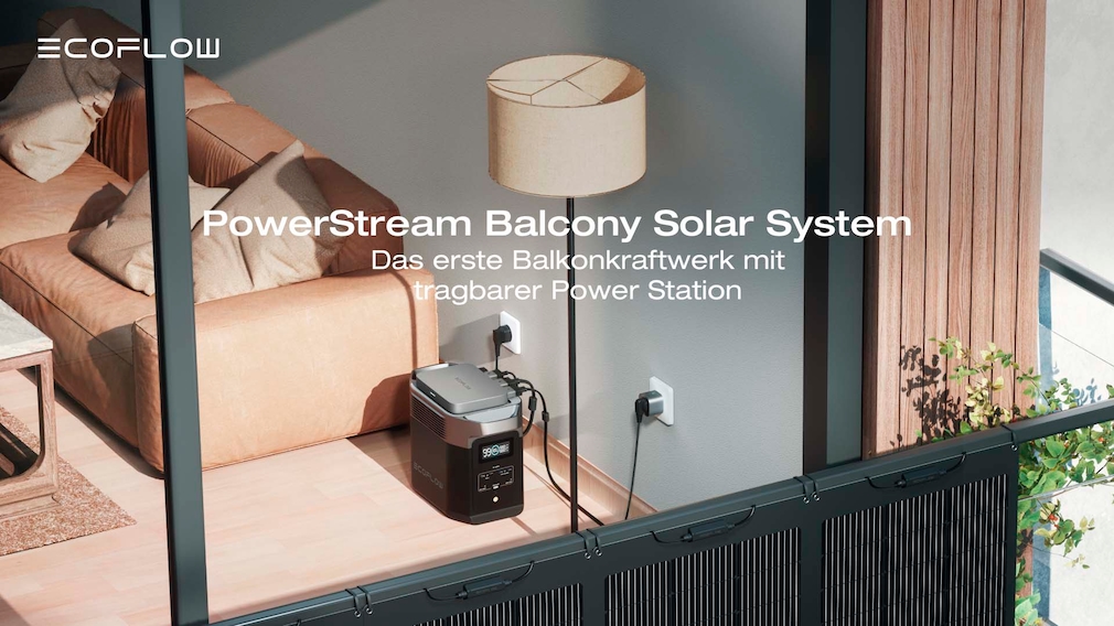 Ecoflow wandelt Solargeneratoren bald in ein Balkonkraftwerk mit Speicher Auf der Homepage zeigt der Hersteller die Lösung namens "PowerStream-Balkonkraftwerk".