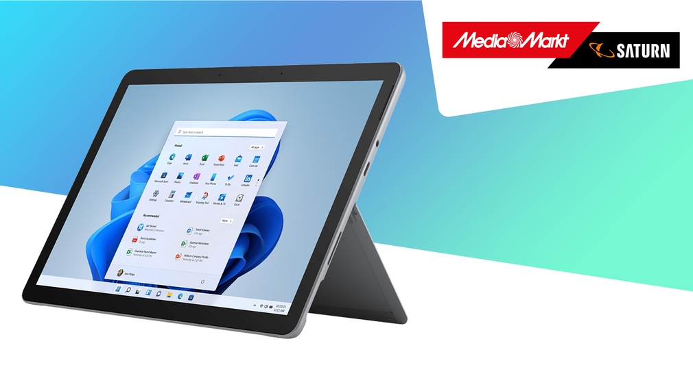 Surface Go 3 neben Logo von Media Markt und Saturn