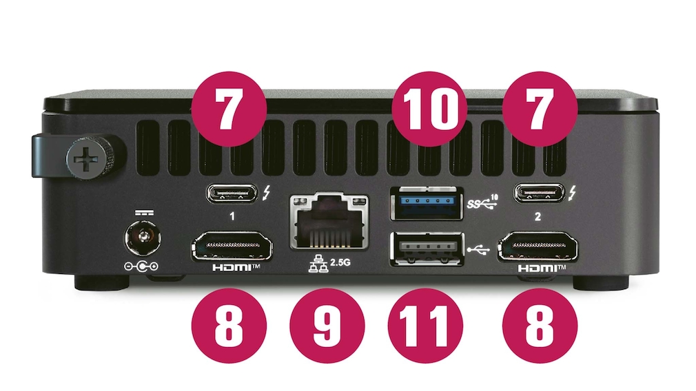 Intel NUC 13 Pro Kit (NUC13ANKi7): Intel-Mini-PC im Test  Hinten: Zwei USB-C-4.0-Buchsen (7), zwei HDMI-Ports (8), eine LAN-Buchse (9) und zwei weitere USB-Eingänge (Versionen 3.2 (10) und 2.0 (11)). 