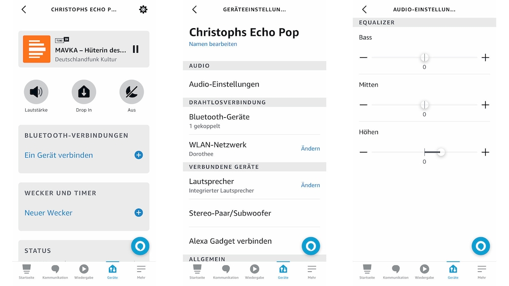 Sämtliche Einstellungen für den Amazon Echo Pop gelingen mit der Alexa App inklusive Detaileinstellungen für die Sprachassistentin und Klangregelung.