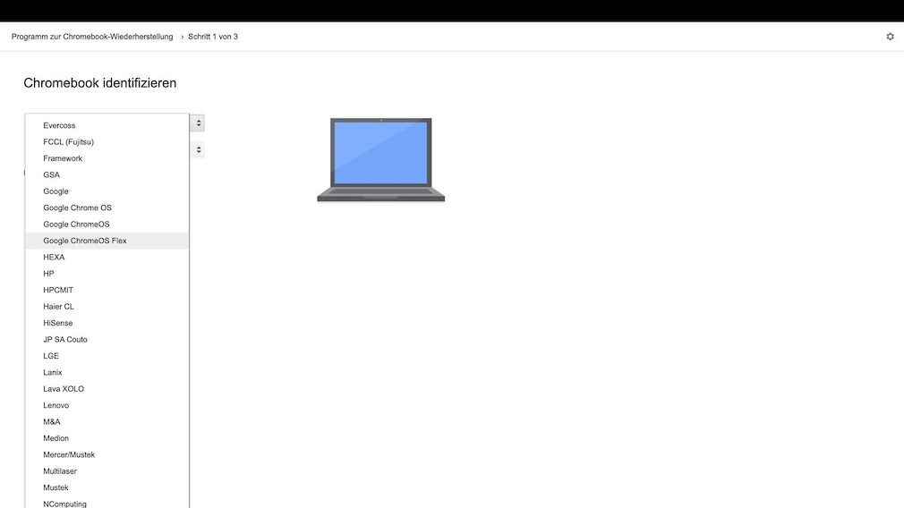 Screenshot von der Chrome-Erweiterung &quot;Programm zur Wiederherstellung&quot; für Chromebooks
