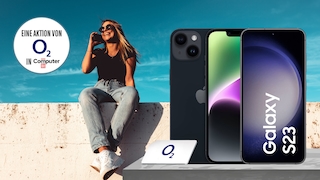 Apple iPhone 13, Samsung Galaxy S23 und O2-SIM-Karte vor einer Mauer, auf der eine telfonierende Frau mit Sonnenbrille in der Sonne sitzt