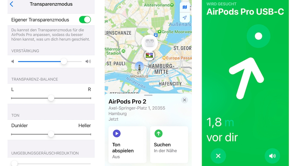 In den Tiefen des iOS-Kontrollzentrums finden sich viele nützliche Optionen, die AirPods Pro 2 einzustellen. Verschwundene Stöpsel oder Ladedosen zeigt die "Wo ist?"-App.