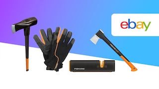 Ebay-Angebot: Spaltaxt- und Hammer von Fiskars inklusive Schärfer und Handschuhen