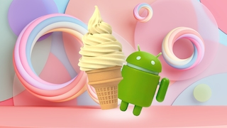 Android-Logo und Eistüte mit Vanille-Eis vor einem bunten Hintergrund