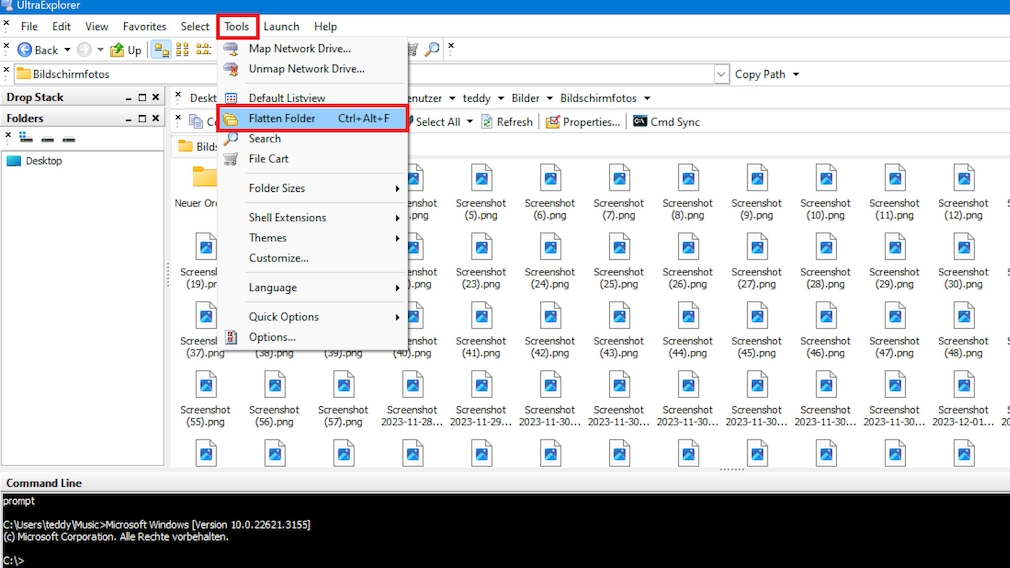 Windows: Unterordner auflösen – Dateien in eine Ebene verfrachten Mit dem UltraExplorer rufen Sie eine optimierte Anzeige von verwurstelten Dateisystem-Interna ab. Ein seltenes Goodie in dem Tool ist, dass es Linux-Filemanager-like unten in einem eigenen Bereich die System-Kommandozeile einblenden kann. Windows: Unterordner auflösen – Dateien in eine Ebene verfrachten Mit dem UltraExplorer rufen Sie eine optimierte Anzeige von verwurstelten Dateisystem-Interna ab. Ein seltenes Goodie in dem Tool ist, dass es Linux-Filemanager-like unten in einem eigenen Bereich die System-Kommandozeile einblenden kann.