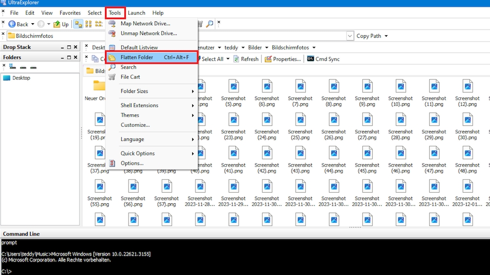 Windows: Unterordner auflösen – Dateien in eine Ebene verfrachten Mit dem UltraExplorer rufen Sie eine optimierte Anzeige von verwurstelten Dateisystem-Interna ab. Ein seltenes Goodie in dem Tool ist, dass es Linux-Filemanager-like unten in einem eigenen Bereich die System-Kommandozeile einblenden kann. 