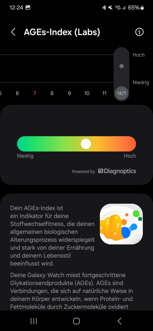 Screenshot aus der Samsung Health-App. Zu sehen ist die AGEs Erfassung.