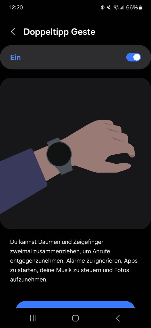 Screenshot der Doppeltipp-Geste aus der Galaxy Wearable-App.