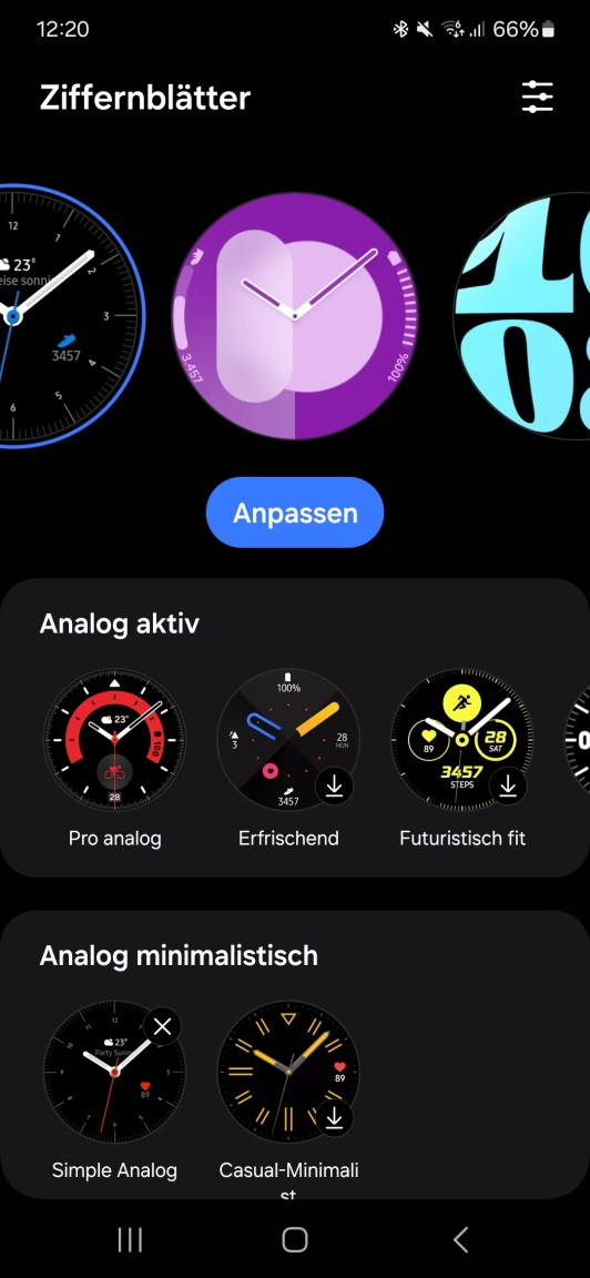 Screenshot der Galaxy Wearble-App. Zu sehen sind die unterschiedlichen Watchfaces.