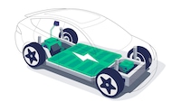 Grafische Darstellung einer E-Auto-Batterie im Unterboden des Fahrzeugs.