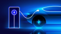 Grafik eines E-Autos, das an einer Ladesäule Strom tankt.