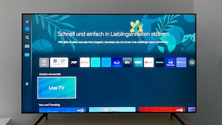 HD+ IP ersetzt auf dem Startbildschirm die Schaltfläche für den bisherigen Fernsehempfang, im Bild ein Samsung CU7179.