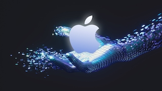 Grafik einer Hand, darin das Apple-Logo.