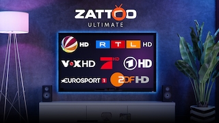 Zattoo-Ultimate-Schriftzug, Fernseher mit Logos von TV-Sendern
