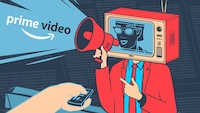Cartoon, in dem ein Mensch einen Fernseher auf dem Kopf hat und in ein Megafon "Prime Video" sagt
