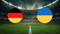 Flaggen von Deutschland und Ukraine auf Stadionhintergrund
