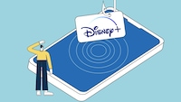 Grafik einer Disney-Plus-Karte an einem Angelhaken, die aus einem stilisierten Smartphone gezogen wird.